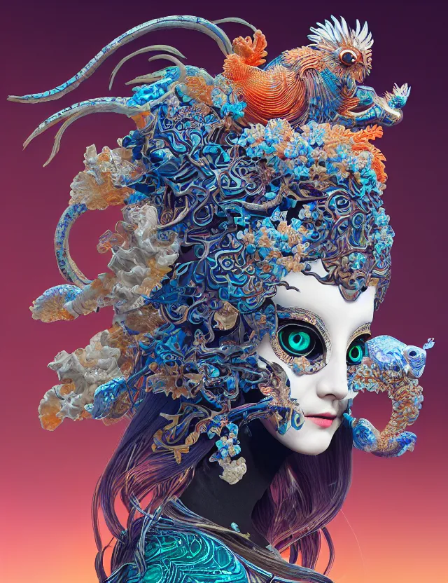 Image similar to 3 d goddess close - up profile portrait russian with ram skull. beautiful intricately detailed japanese crow kitsune mask and clasical japanese kimono. betta fish, jellyfish phoenix, bio luminescent, plasma, ice, water, wind, creature, artwork by tooth wu and wlop and beeple and greg rutkowski