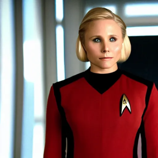 Image similar to a beautiful full body photograph of kristen bell as a star fleet officer from star trek next generation, extreme realism and detail, 8 k, completely framed, direct lighting, 3 5 mm photo, photorealistic, sharp focus