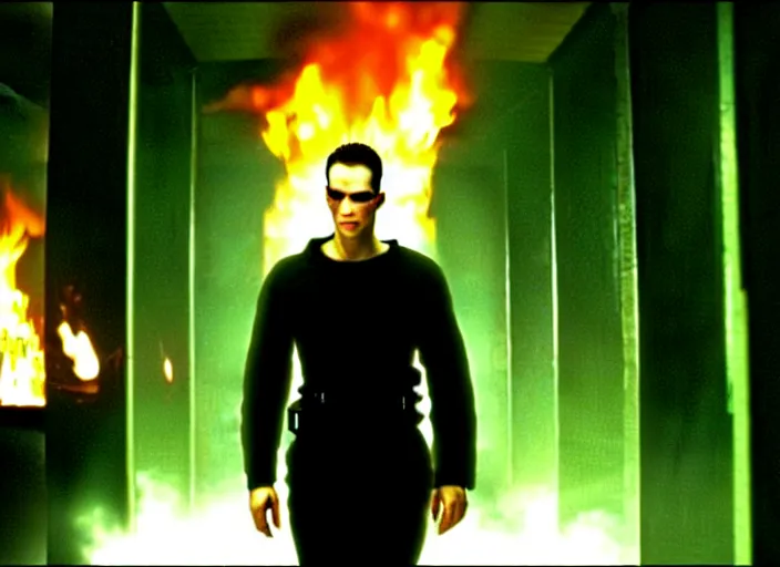 Image similar to Movie still of Neo in The Matrix movie doing a thumb up to the camera in front on burning servers.