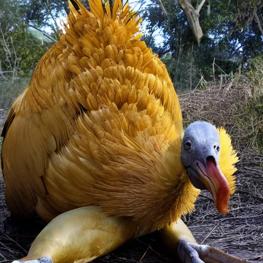 Image similar to a dodo with golden feathers, discovery channel footage