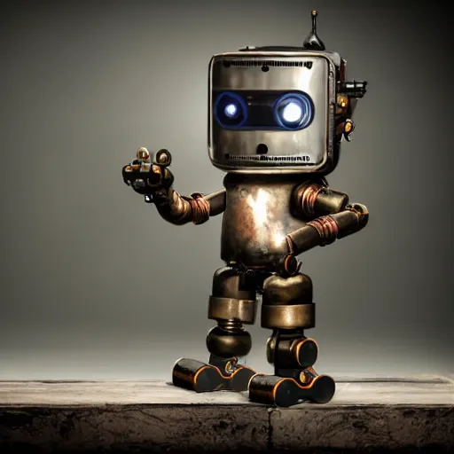 Prompt: a cute little robot made out of steel and metal, steampunk, studio photography, backlit, 8k, in the style of borderlands