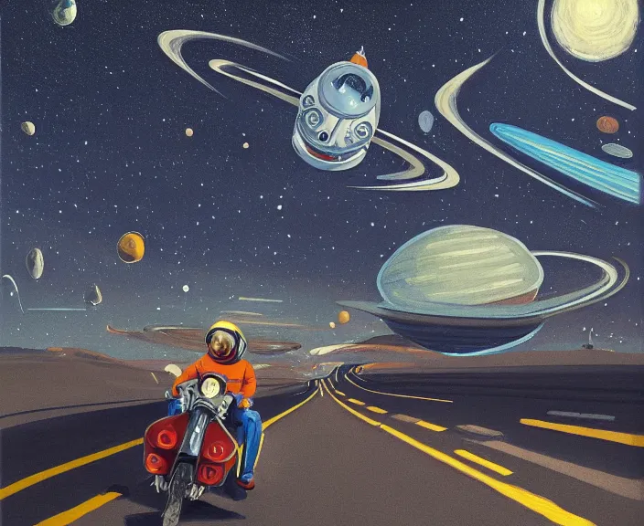 Image similar to a very detailed painting of a astronaut wearing a suit, riding a motorbike down a street on the moon, galaxy sky, there are planets in the sky, cinematic lighting, futuristic city, harley davidson motorbike, worm's - eye view, very fine brush strokes, very aesthetic, very futuristic, in the style of edward hopper and grant wood and syd mead, 4 k,