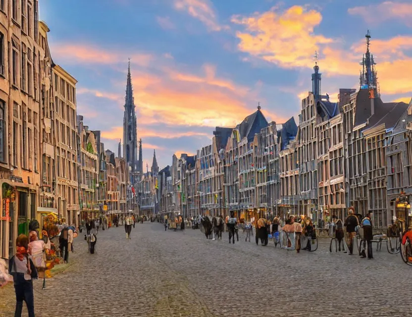 Image similar to street view of gent belgium at sunset, peaceful and serene, incredible perspective, soft lighting, anime scenery by makoto shinkai and studio ghibli, very detailed