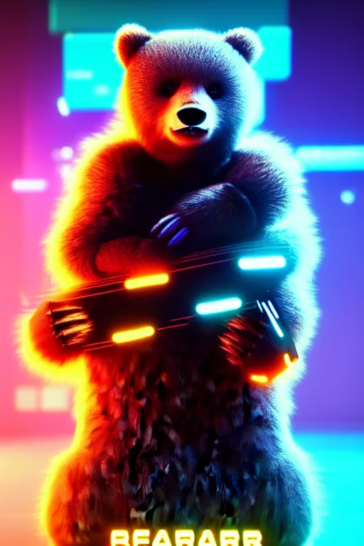 Image similar to high quality 3 d render very cute fluffy cyberpunk! bear!! plays electric guitar, cyberpunk highly detailed, unreal engine cinematic smooth, in the style of blade runner & detective pikachu, hannah yata charlie immer, moody light, low angle, uhd 8 k, sharp focus