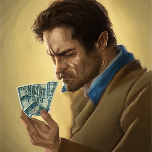 Image similar to portrait of sad man holding out his last dollar bill. Trending on artstation