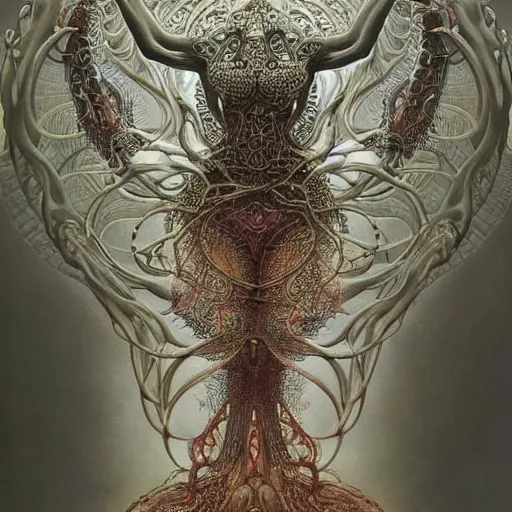 Image similar to a creature from a parallel universe by alexander mcqueen, zdzisław beksinski and alphonse mucha. highly detailed, hyper - real, very beautiful, intricate fractal details, very complex, opulent, epic, mysterious, trending on deviantart and artstation