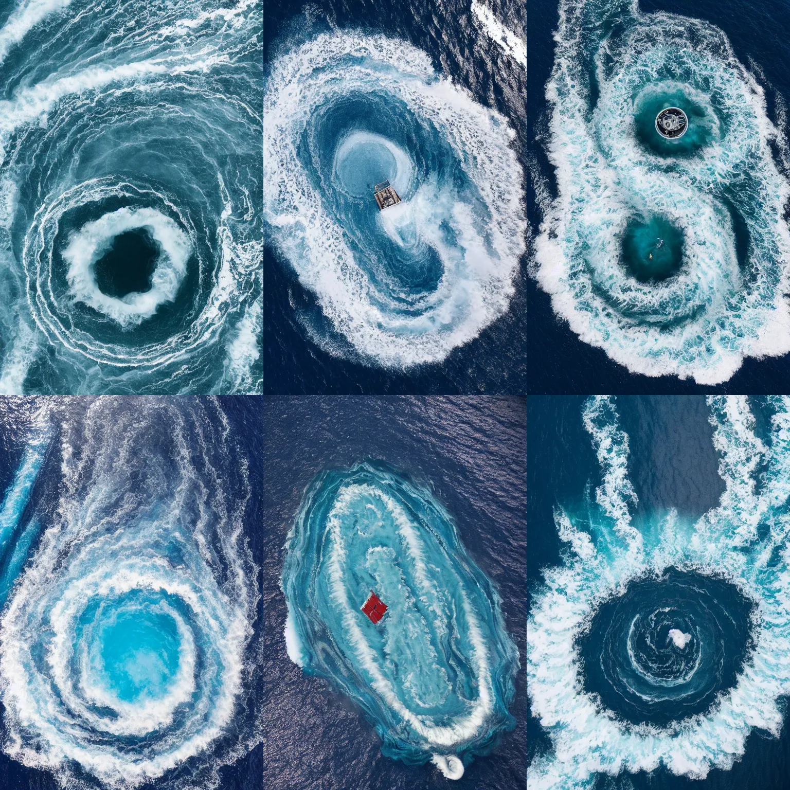 Prompt: aerial photo of a massive whirlpool in the middle of the ocean devouring ships, epic, dramatic, disaster, 4k, high quality