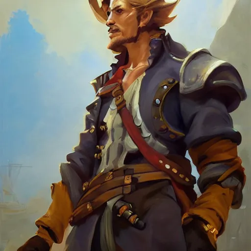 Image similar to greg manchess portrait painting of partially armored undead pirate captain guybrush threepwood as overwatch character, medium shot, asymmetrical, profile picture, organic painting, sunny day, matte painting, bold shapes, hard edges, street art, trending on artstation, by huang guangjian, gil elvgren, ruan jia, greg rutkowski, gaston bussiere