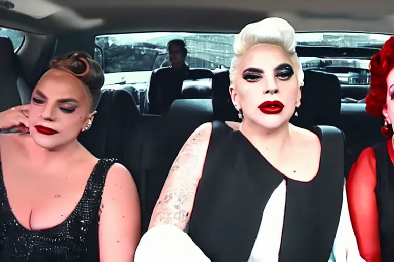 Image similar to lady gaga and judy garland doing carpool karaoke, lady gaga and judy garland, carpool karaoke, lady gaga, judy garland, carpool karaoke, youtube video screenshot, the late late show with james corden, higly realistic, high resolution, dashcam