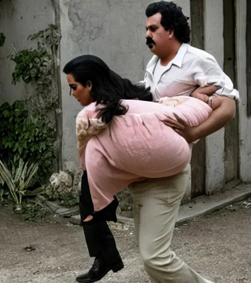 Image similar to Pablo Escobar carrying kim kardashian into a derelict mafia mansion