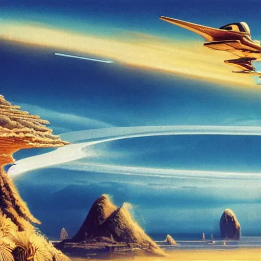 Image similar to beautiful matte painting of golden shores of a blue dreamy ocean, heavenly island in the clouds floating above the ocean, spaceship flying by, towering mountains emerging from the ocean, sci - fi, daylight, blue sky, cinematic lighting, cinematic perspective, syd mead, john harris, federico pelat
