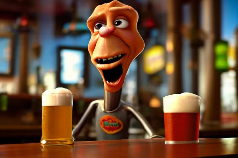 Image similar to a anthropomorphic pint of beer, pixar, who is a customer, waits to be served by a bartender,