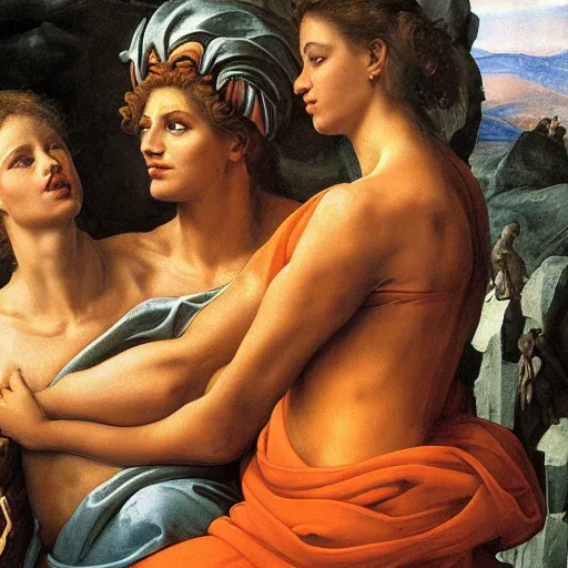 Prompt: beautiful young women scholars of Thebes Jeff Easley and Michelangelo, fantastic reality, detailed and beautiful faces, dramatic lighting, establishing shot, 8k resolution – W 1024