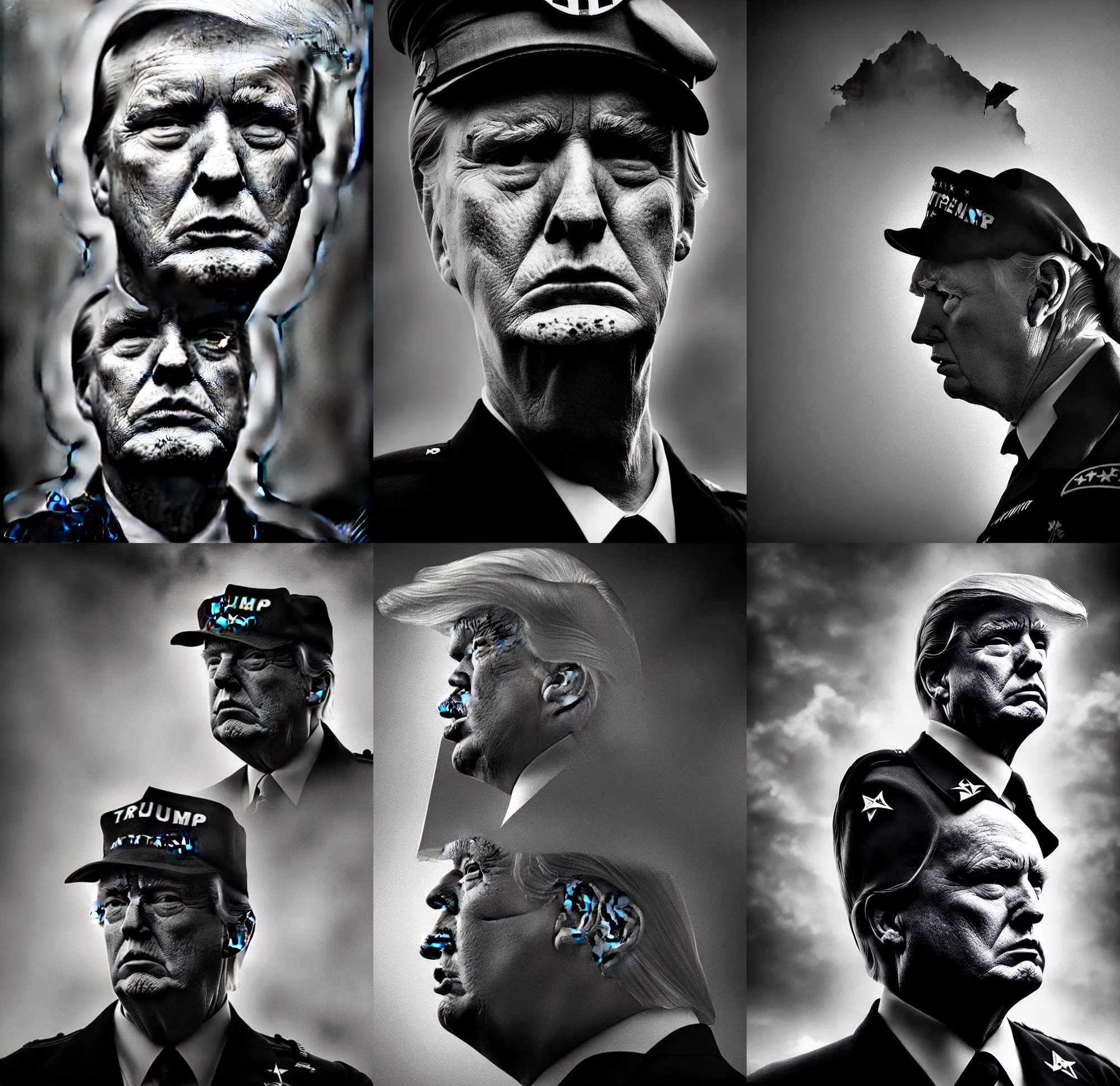 Prompt: cinematic portrait : (subject= 'Donald Trump ' + subject detail= wearing tattered Schutzstaffel uniform, wired head with jet intakes) desaturated, masterpiece, cinematic composition, dramatic pose, volumetric lighting, light fog, sharp, details, hyper-detailed, HD, 4K, 8K