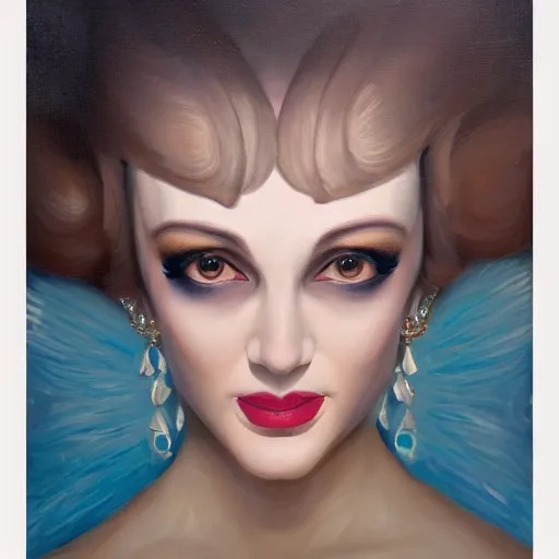 Prompt: a symmetrical portrait of a showgirl, oil painting, pale colors, high detail, 8 k, wide angle, trending on artstation,