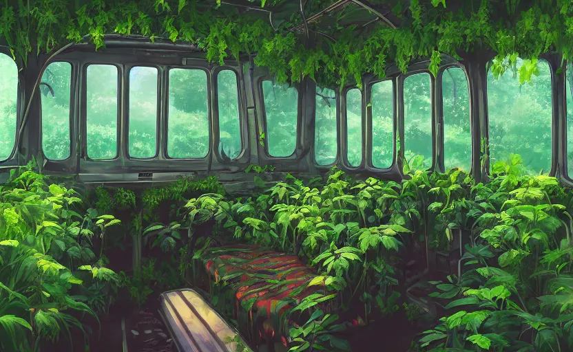 Prompt: A beautiful interior of an overgrown bus full of lush plants, rich vines and verdant flowers, digital art, trending on Artstation, thick atmosphere, fireflies flying around, 4k wallpaper