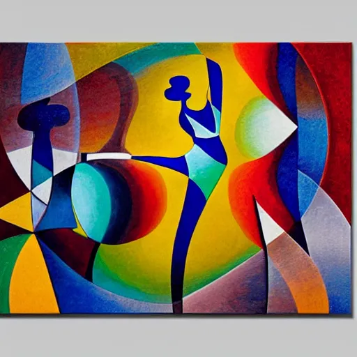 Prompt: woman dances by a river to the rhythm of the water and the wind blows in the trees, abstract art in the style of cubism and Georgia o keefe,