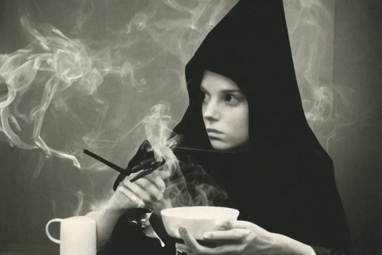 Image similar to polaroid 1 9 8 0's photo, close up portrait, dramatic lighting, concentration, calm confident teen witch and her cat mixing a spell in a cauldron, a little smoke fills the air, a witch hat and cape, a little green smoke is coming out of the cauldron, ingredients on the table, apothecary shelves in the background, still from harry potter