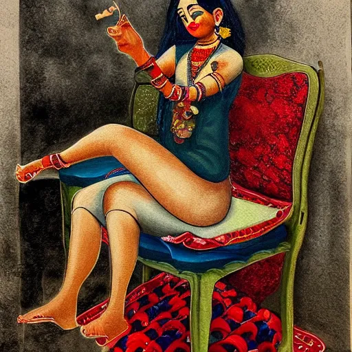 Image similar to a painting of a demon sitting on top of a chair, a detailed painting by ram chandra shukla, pixiv contest winner, bengal school of art, detailed painting, maximalist, art on instagram