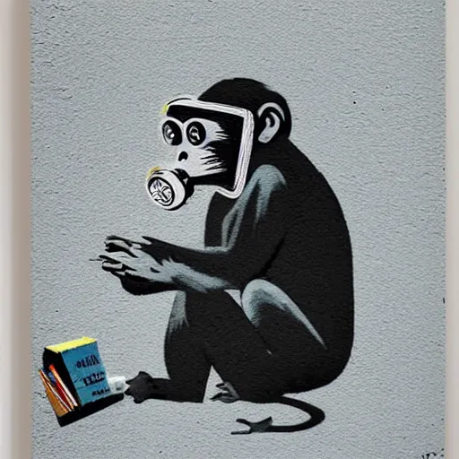 Image similar to a single Monkey reading a book, wearing a gas mask, graffiti, edge to edge, solid color background intricate, highly detailed, smooth, sharp focus, detailed face and body, high contrast, art by banksy