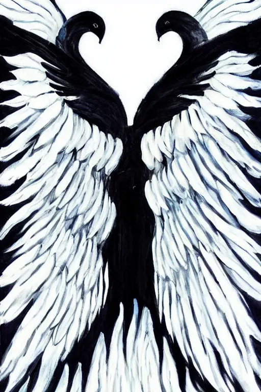 Image similar to A beautiful painting with white wings on the left and black angels on the right wing with halos on the top of the head