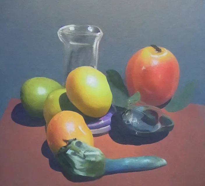 Image similar to a beautiful still life painting by a third-year art student; extraordinary masterpiece!!!!!