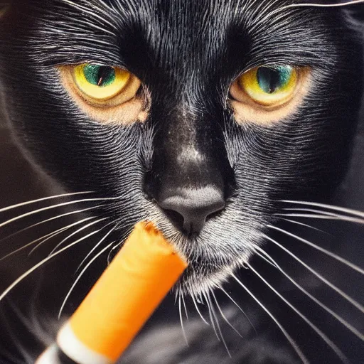 Image similar to a portrait of a black cat holding a cigarette, intricate, cinematic lighting, highly detailed, smooth, sharp focus, hyperrealism