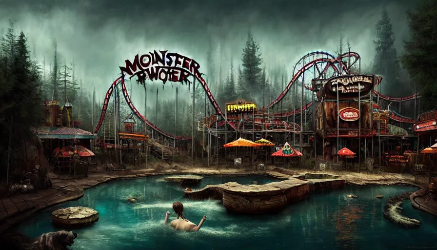 Image similar to michal karcz grunge painting of an amusement park, monster and horror theme. Monster-themed Grizzly River Run, detailed, elegant, intricate, 4k,