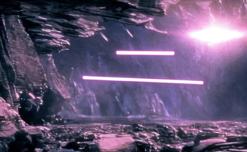 Prompt: iconic cinematic screen shot of star destroyer waterfall canyon planet, from the action packed scene from the 8 0 s star wars sci fi film by stanley kubrick, glowing lasers, kodak film stock, anamorphic lenses 2 4 mm, lens flare, award winning