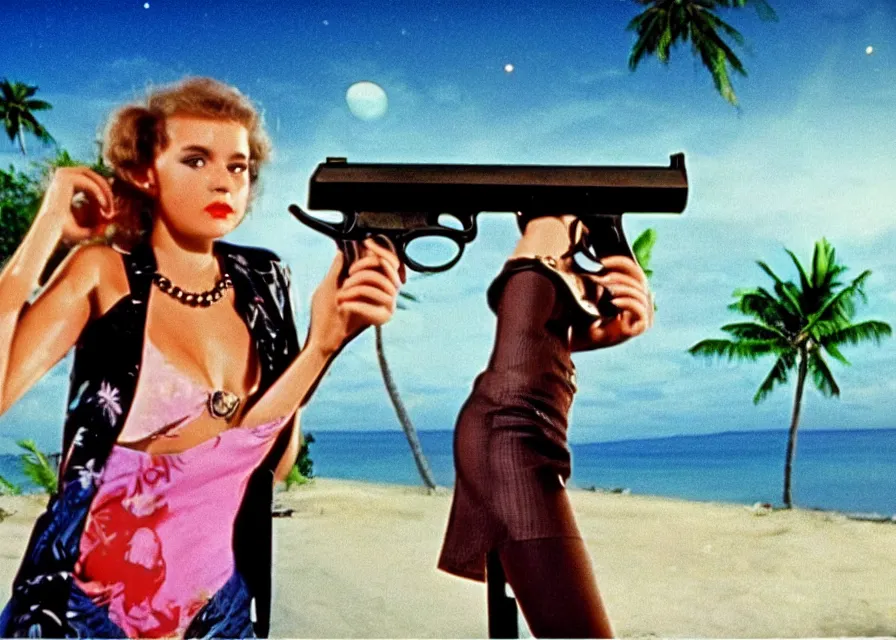 Image similar to 1 9 8 6 vintage movie screencap of a girl with a gun on a narco mansion, gucci clothes, night sky, beach and tropical vegetation on the background, 1 9 8 6 photo