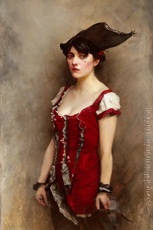 Image similar to Solomon Joseph Solomon and Richard Schmid and Jeremy Lipking victorian genre painting full length portrait painting of a young beautiful woman traditional german french pirate wench in fantasy costume, red background