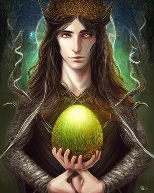 Prompt: portrait of elven teenage boy mage with long black hair holding dragon egg digital painting modern fantasy highly detailed