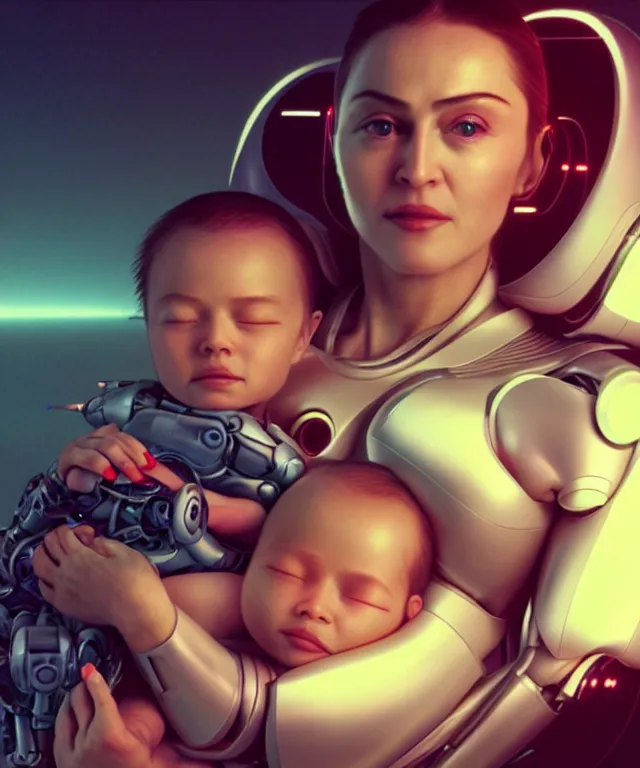 Image similar to realistic detailed photo of futuristic cyborg-madonna holding a newborn baby child in hands , artwork by Tooth Wu and wlop and beeple, greg rutkowski. still from a 2021 movie by Terrence Malick, Tarkovsky, Gaspar Noe, James Cameron,