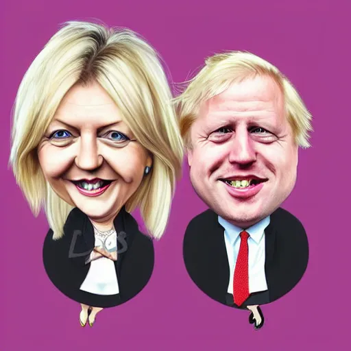 Prompt: Caricature portraits boris johnson and liz truss