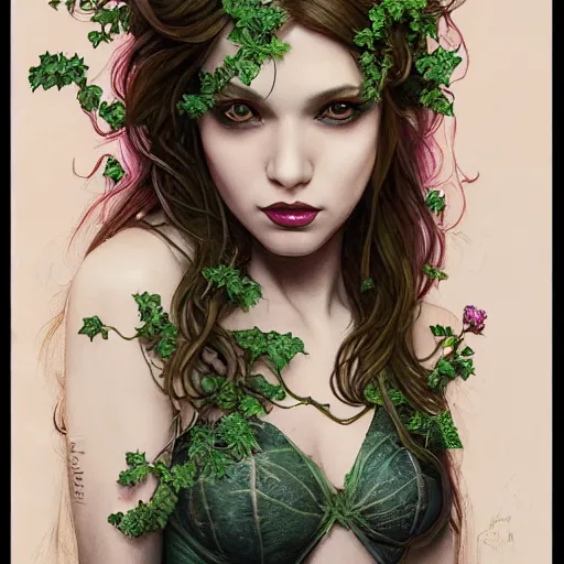 Prompt: a beautiful and detailed matte painting of a poison ivy dressed casually in clothes from hot topic, food court in a mall, dark eyeliner, intricate, elegant, highly detailed, digital painting, artstation, concept art, matte, sharp focus, illustration, art by greg rutkowski and alphonse mucha