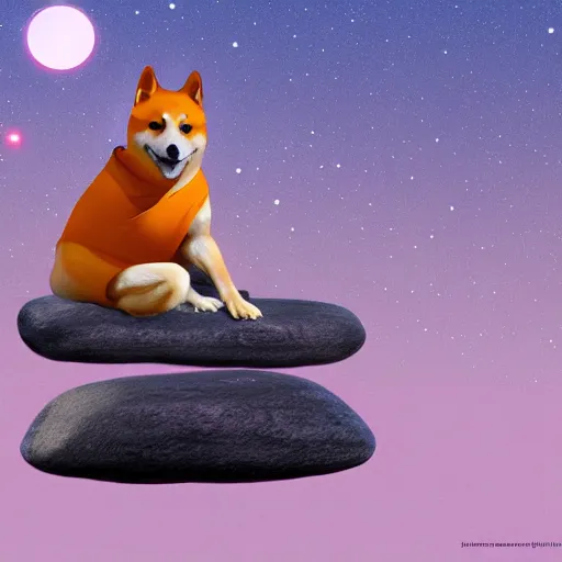 Prompt: A Shiba inu monk sits on a flying rock and travels through the universe , Artstation