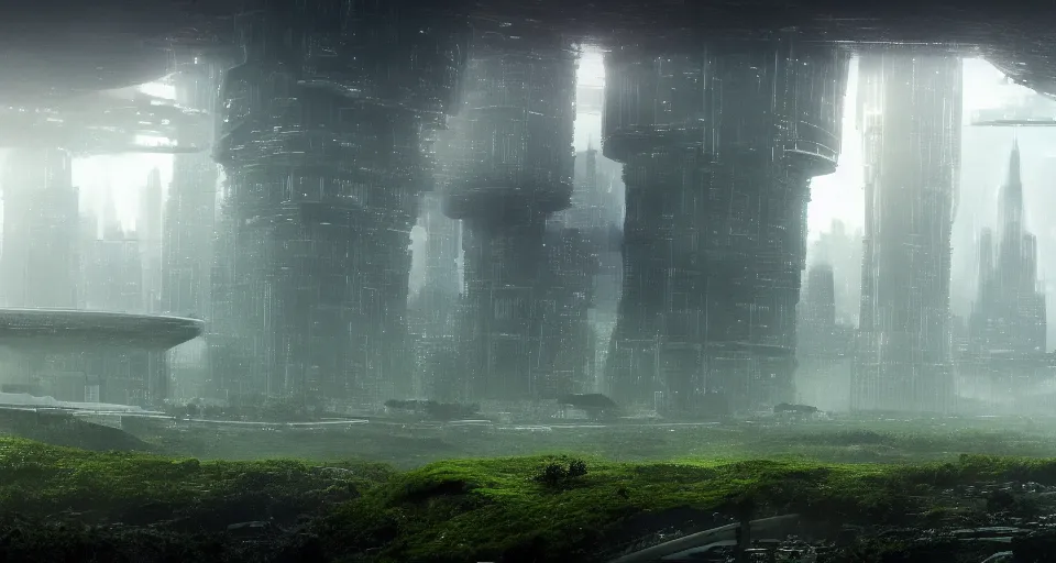 Image similar to a futuristic city scape of vertical organic farms, growing, mossy cellular structures, epic landscape, endless towering science fiction towers, raining, misty, in the style of john harris