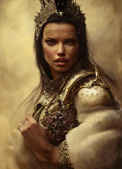 Image similar to portrait of adriana lima as queen in intricate dress, fantasy, artstation, by roberto ferri, fantasy, witcher, very detailed oil painting, masterpiece, 8 k