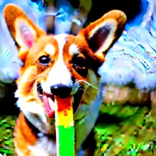 Image similar to a photo of a corgi licking a popsicle