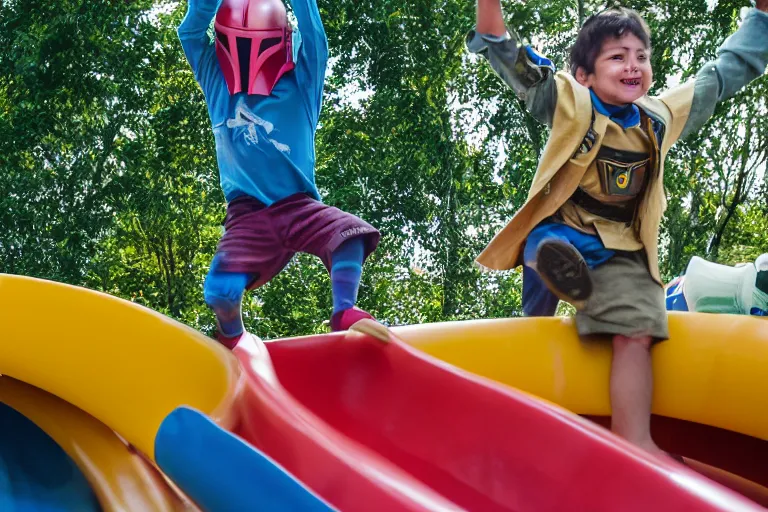 Image similar to Grogu going down a slide in a playground, still from the Mandalorian show, his arms are in the air and he’s smiling, shallow depth of field, Nikon 50mm f/1.8G