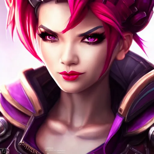 Image similar to ultra detailed portrait of Vi from League of Legends, by Fortiche Studio, from Netflix's Arcane, trending on artstation,fine details, realistic shaded, fine-face, Steampunk city on the background, red hair, painted texture, pretty face,by Artgerm