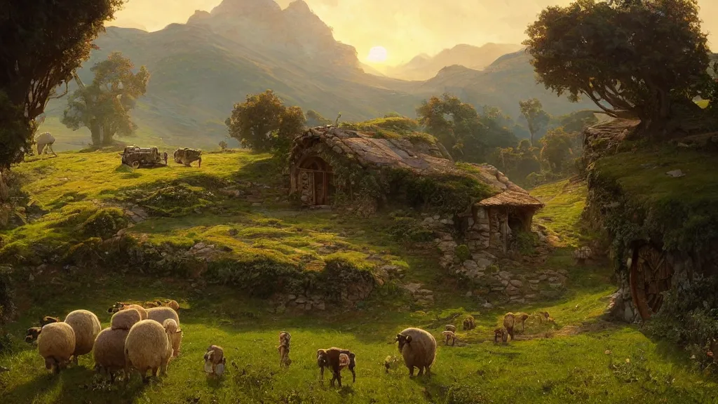 Image similar to a beautiful painting of hills in the shire with round hobbit doors and windows in them, with a young hobbit shepherd driving fat sheep, at sunrise, intricate, elegant, highly detailed, digital painting, artstation, concept art, by krenz cushart and artem demura and alphonse mucha