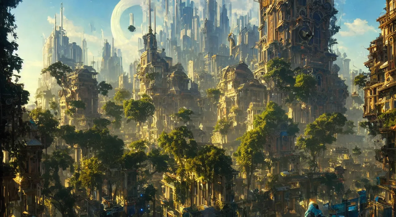 Image similar to gorgeous solarpunk city with happy people and animals, lots of beautiful trees, happy scenes, late afternoon light, wispy clouds in a blue sky, unreal engine, intricate, highly detailed, elegant, trending on artstation, sharp focus, cinematic lighting, art by greg rutkowski and alphonse mucha