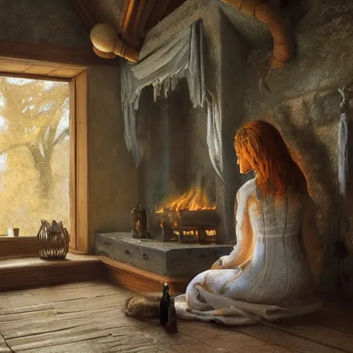 Prompt: celtic woman sitting next to a fireplace in a medieval house, volumetrics, cozy, expressive oil painting, highly detailed, by wlop, by jeremy lipking, beautiful face, nature inspired, octane render, digital art, sunlit