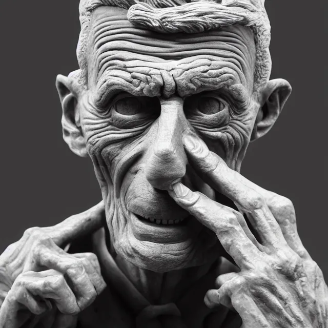 Image similar to photography of a sculpture of Samuel Beckett made of clay by Gerald Scarfe and Michelangelo, 50mm, studio atmosphere, 8K, rim light, octane render, ultra-realistic