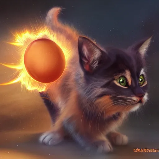 Image similar to cat - goku hybrid, genkidama, golden hour, fantasy, sharp focus, digital art, hyper realistic, 4 k, unreal engine, highly detailed, hd, dramatic lighting by brom, trending on artstation, new cats movie