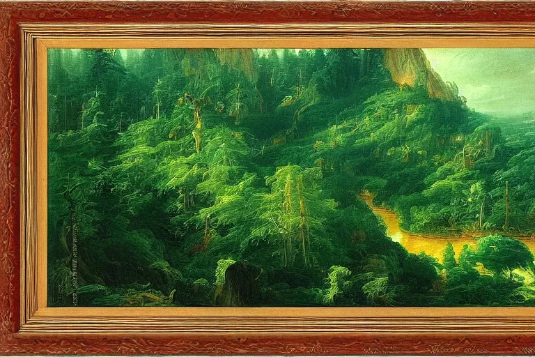 Image similar to top down view of lush pine forest, many witch houses, river flowing through the forest by thomas cole by justing gerard