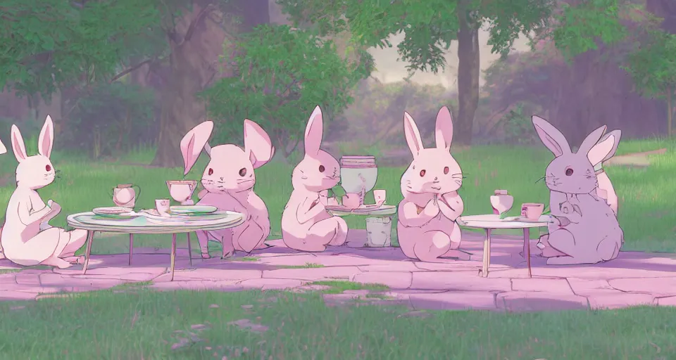 Image similar to 3 pink and teal colored bunnies having a tea party, by studio ghibli, makoto shinkai, cryengine 8 k uhd, beautiful nature anime illustration