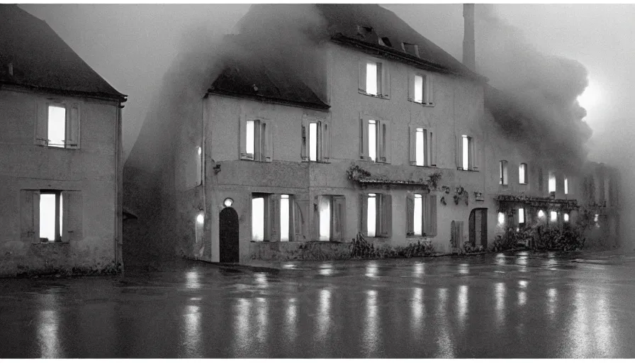 Image similar to 1 9 7 0 s movie still of a heavy burning french style townhouse in a small french village by night rain fog, cinestill 8 0 0 t 3 5 mm, heavy grain, high quality, high detail, dramatic light, anamorphic, flares