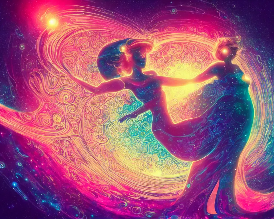 Prompt: a beautiful whimsical woman standing under a multi-colored binary blackhole with an accretion disc, casting magic, glowing trails following her arms, acidwave, intricate repeating geometric patterns, fractals, by Lois van Baarle, by Greg Rutkowski, by artgerm, by beeple, by moebius, cinematic angle, volumetric lighting, 4k resolution, octane render, trending on artstation, masterpiece